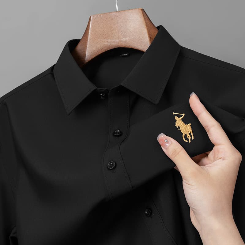 Men's Casual Long Sleeve Embroidered Shirt Mid-Year Dad Style Premium Feel Polyester Fiber Business Casual Polo Shirt