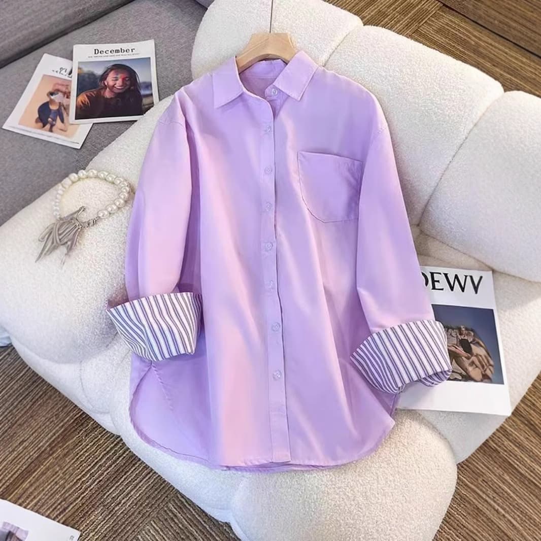 Purple Casual Color-Block Long-Sleeve Shirt for Women Spring/Summer New Arrival Unique Design Petite Chic Blouse
