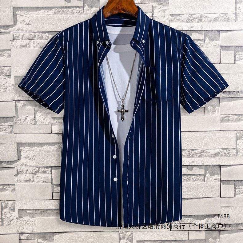 Summer Thin Short Sleeve Printed Striped Shirt with Pocket for Men, Youth Fashion Versatile Barber Style Casual Shirt