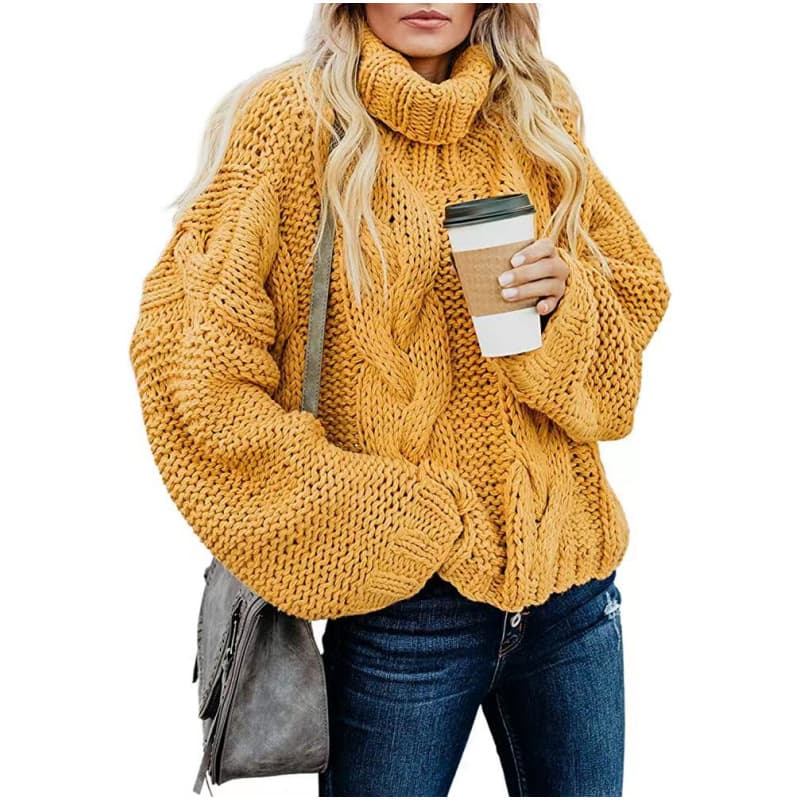 2025 New Arrival Cross-Border Amazon Europe/US Foreign Trade Autumn/Winter Women's Lazy Style Solid Color Cable Knit Loose High-Neck Sweater