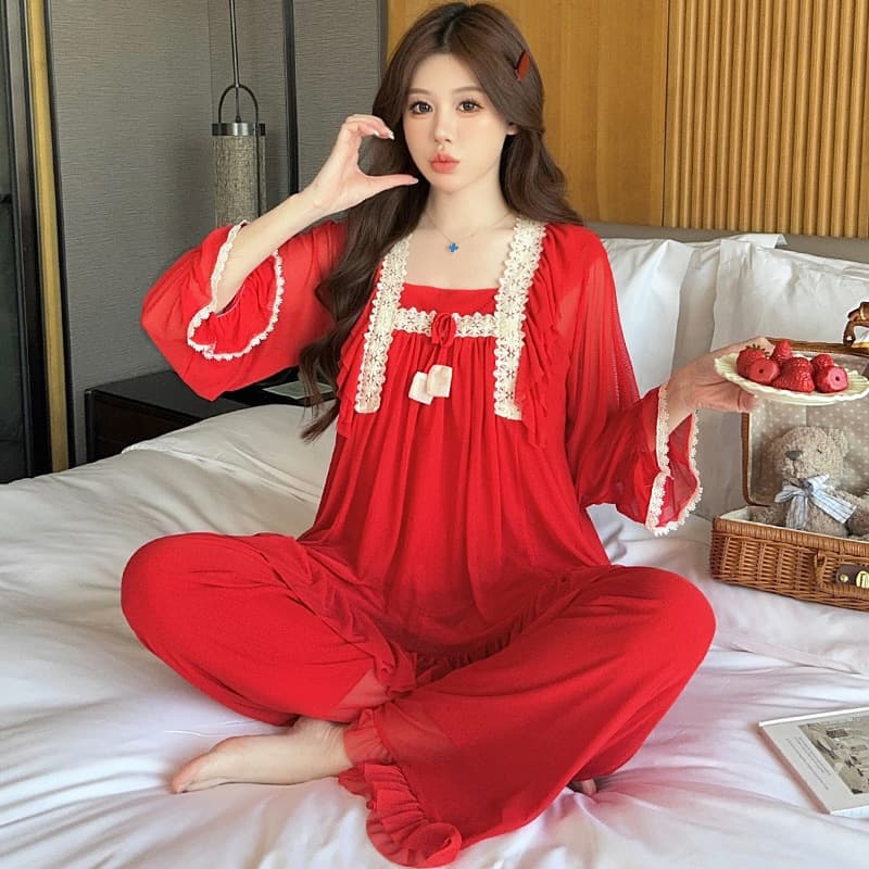Linglei Spring/Autumn New Red Square Neck Lace Trim Sweet Loose Princess Style Mesh Pajama Set Homewear