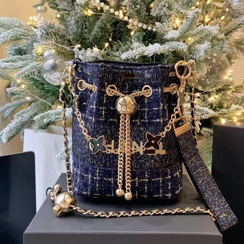 Counter Christmas Limited Edition Gift Bucket Bag Fragrant Blue Gold Tweed DIY Bag Handheld Crossbody with Gift Box Set