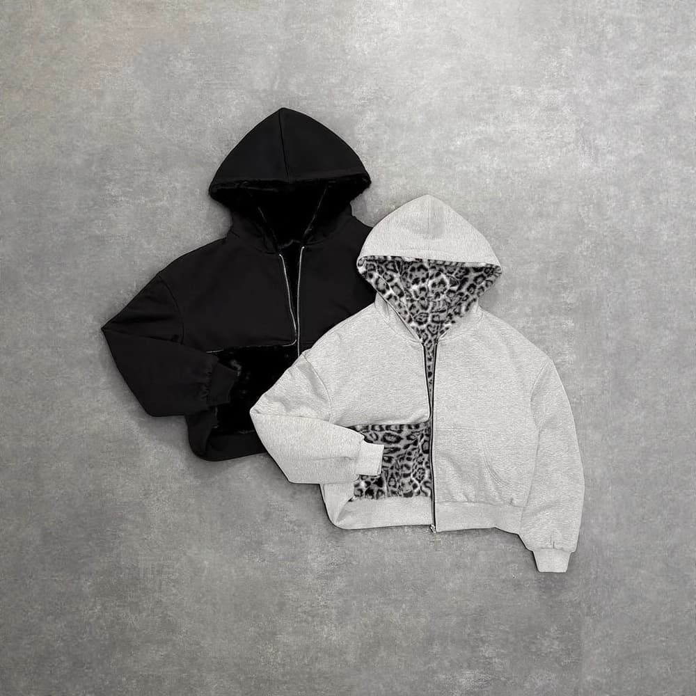 New European and American Fall/Winter Hoodie Casual Retro Leopard Print Lining Zip-Up Hoodie Loose Personality Top