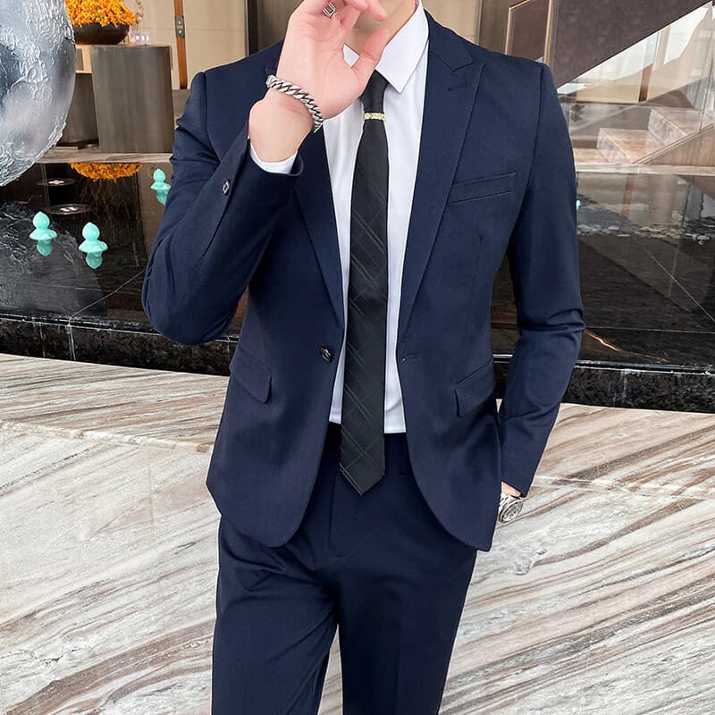 Slim Fit Suit Set for Men Korean Trendy Groom Best Man Wedding Casual Business Formal Blazer