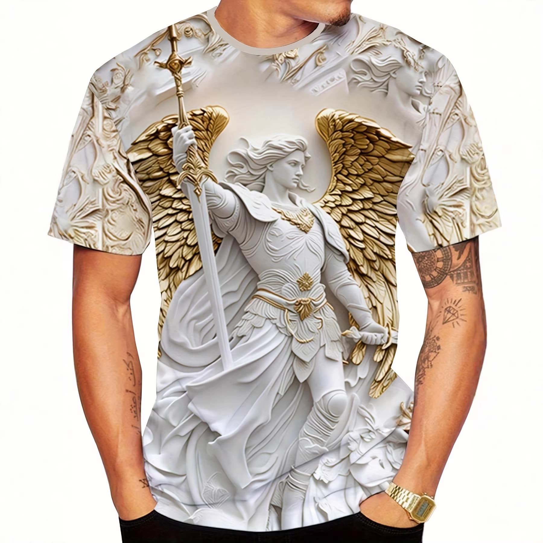 Foreign trade cross-border summer men's short-sleeved sword-holding god pattern 3D digital printed T-shirt Amazon top