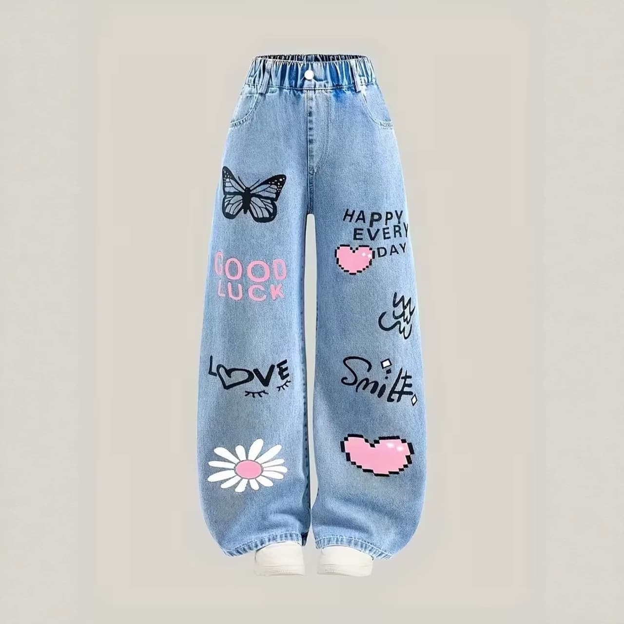 Girls' Spring and Autumn Jeans New Style for Older Kids Loose Casual Straight-Leg Pants Children's Stylish Versatile Wide-Leg Trousers