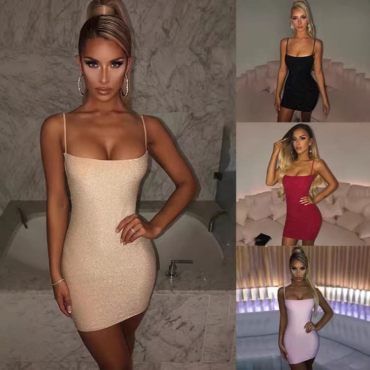 2026 European and American cross-border summer new solid color bright silk suspenders sexy nightclub backpack hip short skirt gold silk women