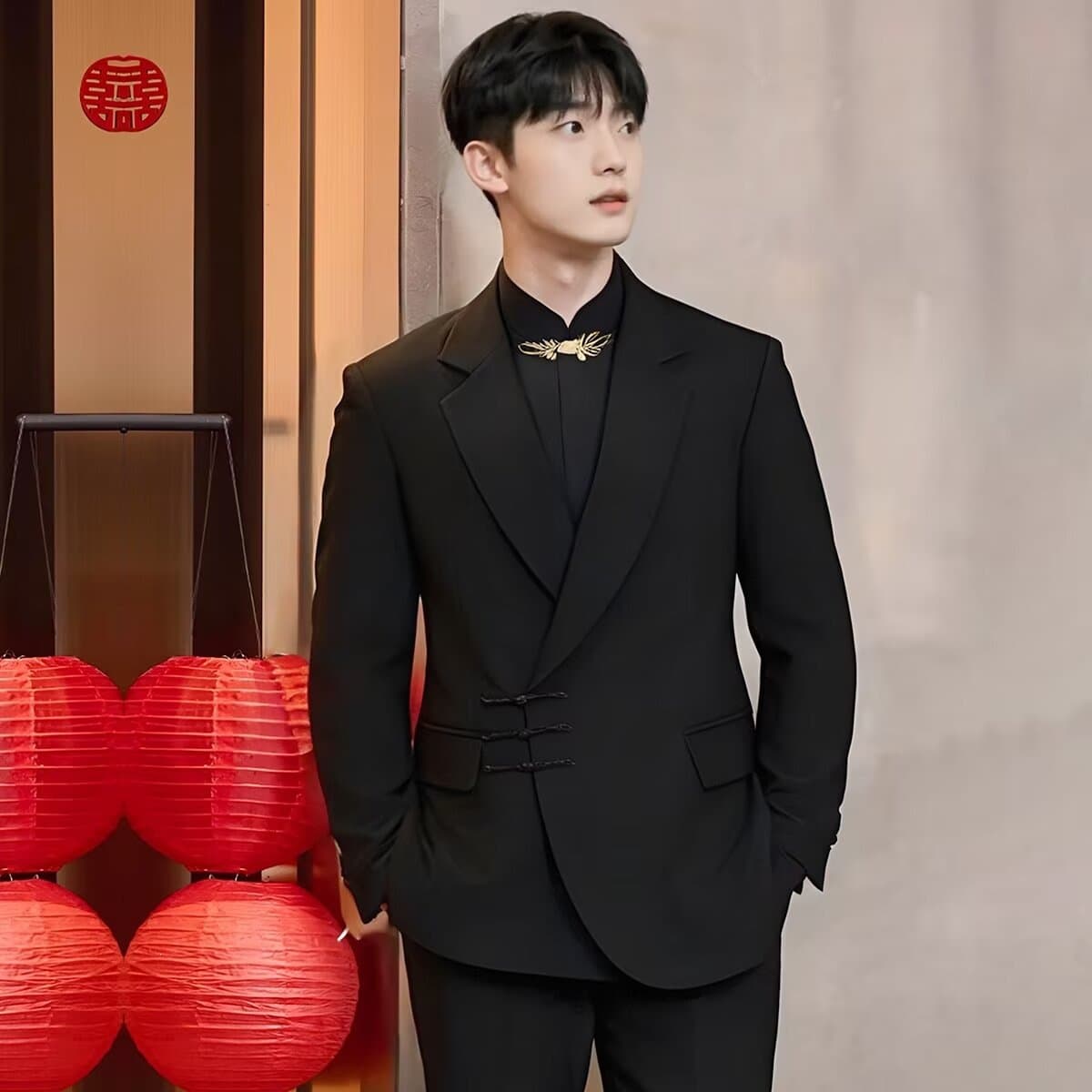 Factory direct sales new Chinese style engagement suit suit men's Chinese style stand collar plate button work coat groom wedding suit