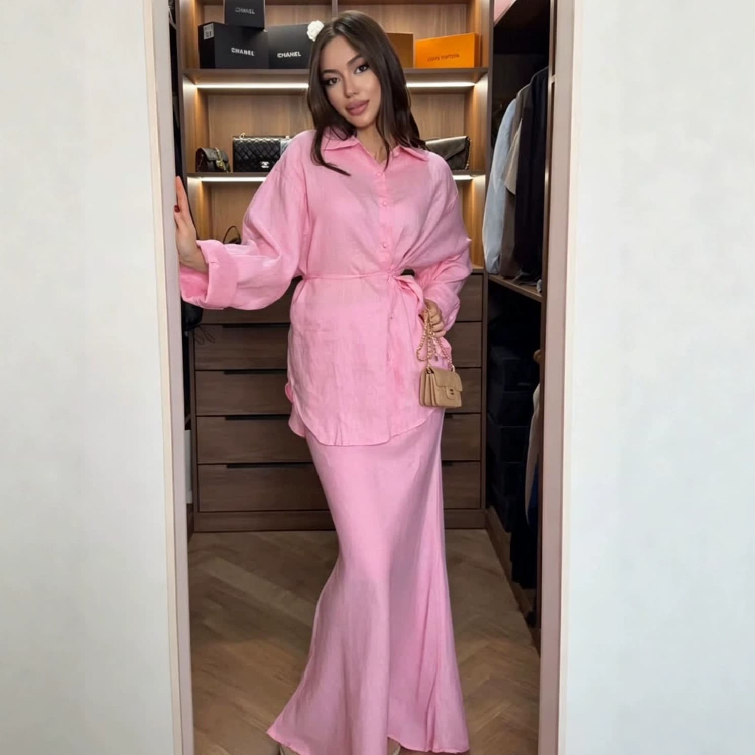 Elegant Long-Sleeve Blouse and Button-Front Waist-Cinching Maxi Skirt Set - 2026 Summer New Arrival for Amazon EU & US