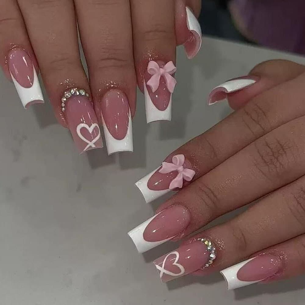 New Cross-Border Boxed Nail Tips 24pcs Rhinestone Nude Color Bow Heart European American Wearable Fake Nails