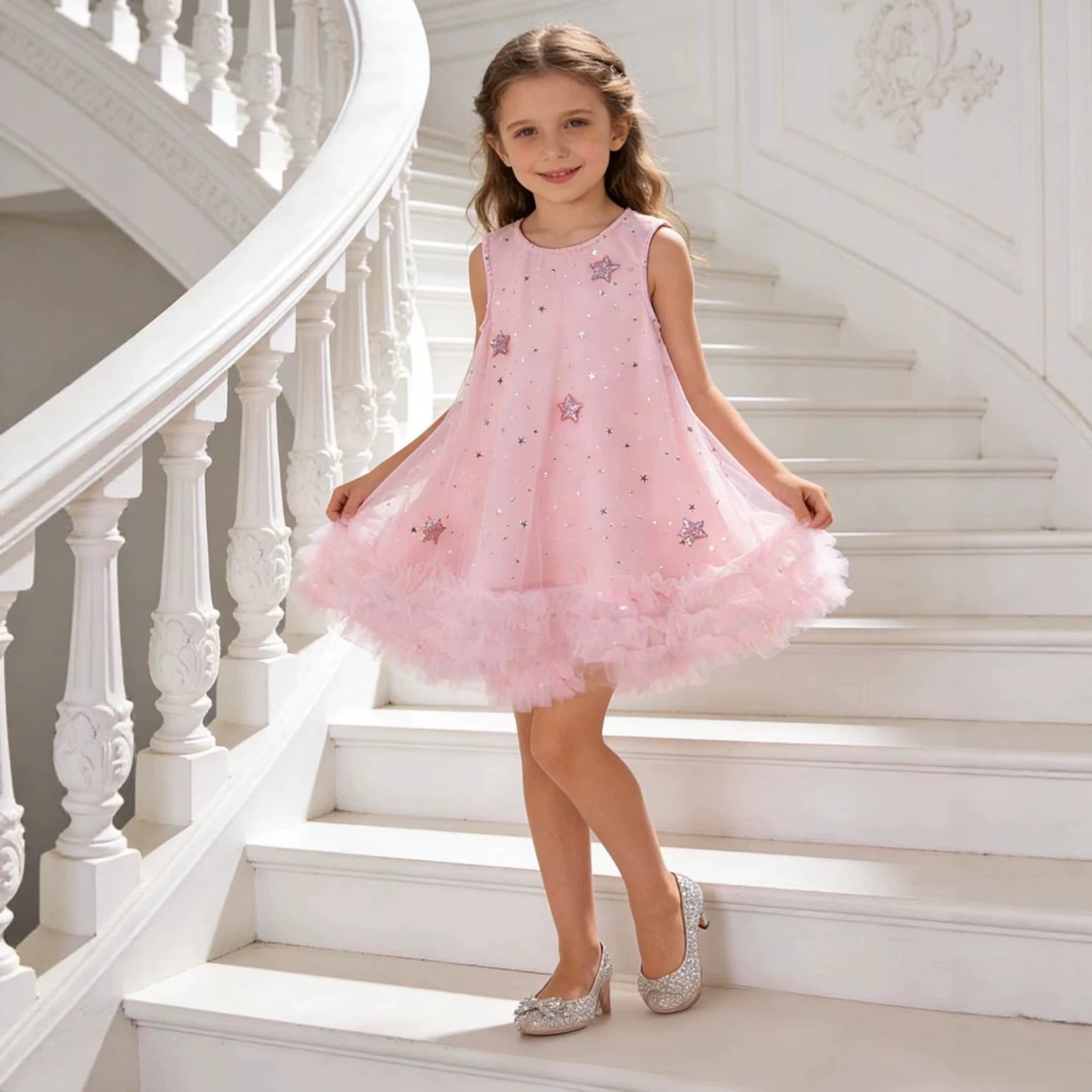 Girls Vest Mesh Princess Dress Summer Children 3D Star Sequins Tulle Tutu Dress Girls Party Dress