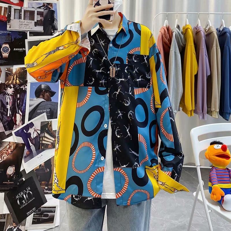Hong Kong Retro Vintage Shirt Floral Hawaiian Cool Loose Couple Long Sleeve Shirt Jacket Streetwear Brand