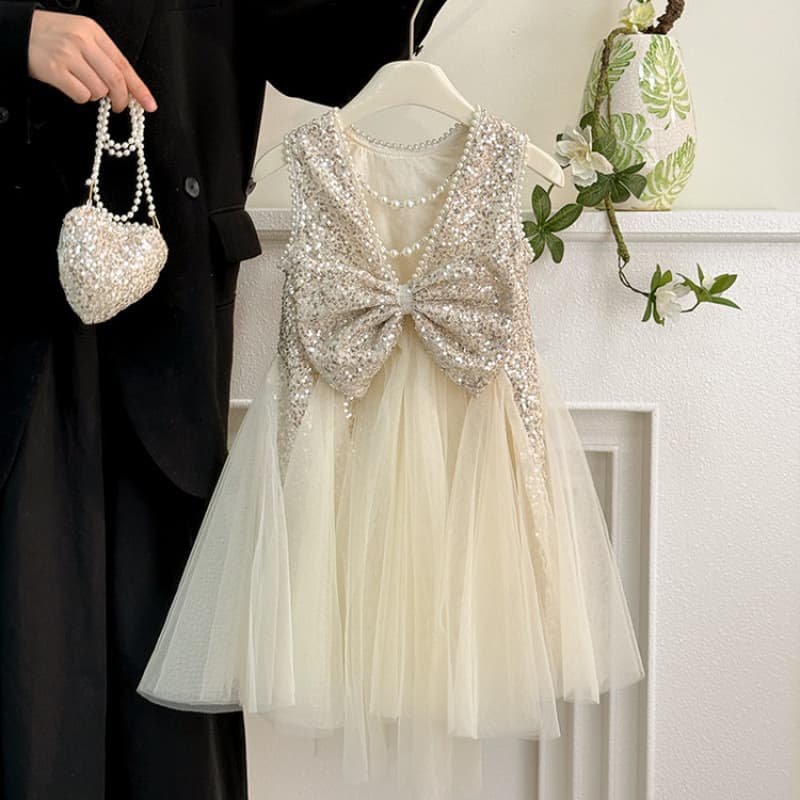 Girls Dress Summer 2025 New Children's Fashionable Girl Summer Dress V-Neck Pearl Sequin Princess Dress
