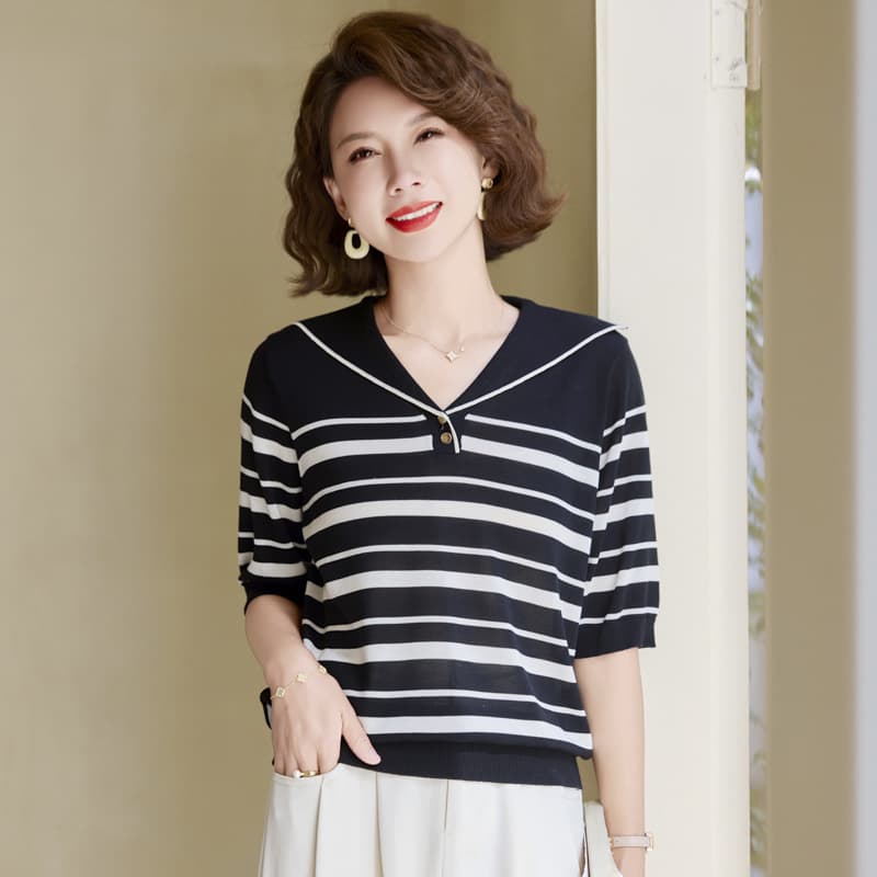 Spring and Summer Knit Top for Middle-aged and Elderly Women, Fashionable and Age-reducing, Loose Striped Blouse, Casual Base Layer