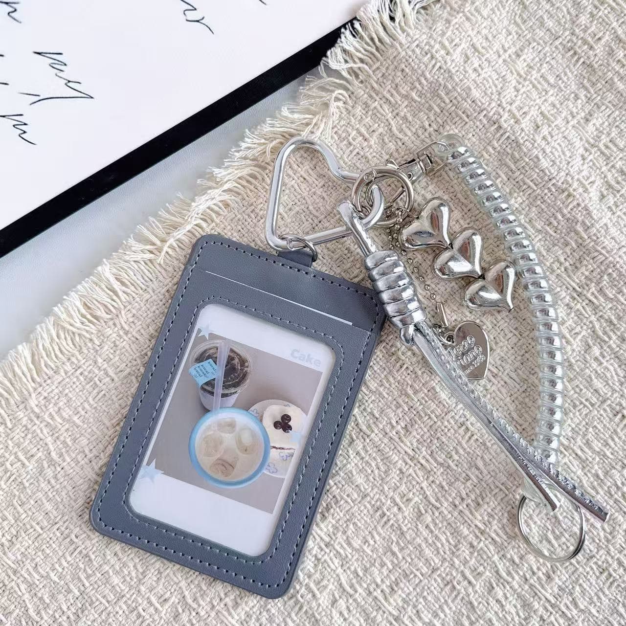 miu-style heart spring rope leather card holder bag pendant ins ID card protector bus card bank card organizer