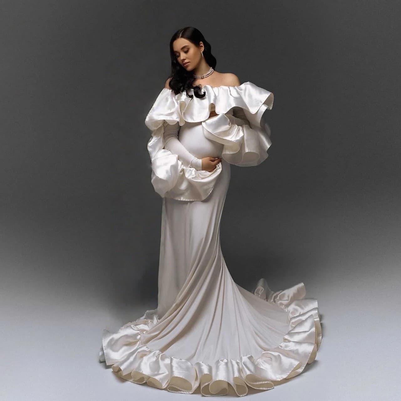 Cross-border maternity dress photo shoot dress tail new photography dress big belly slim fishtail dress excellent