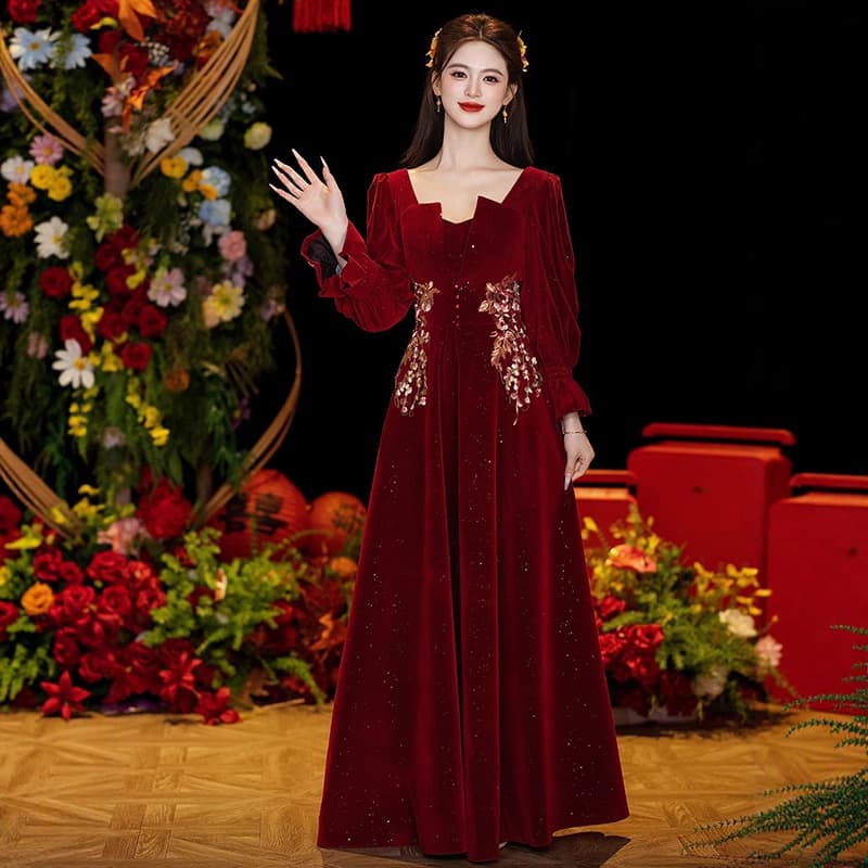 Velvet Plus Size Wedding Toast Dress New Summer Bride Long Sleeve Runaway Princess Engagement Evening Gown for Women