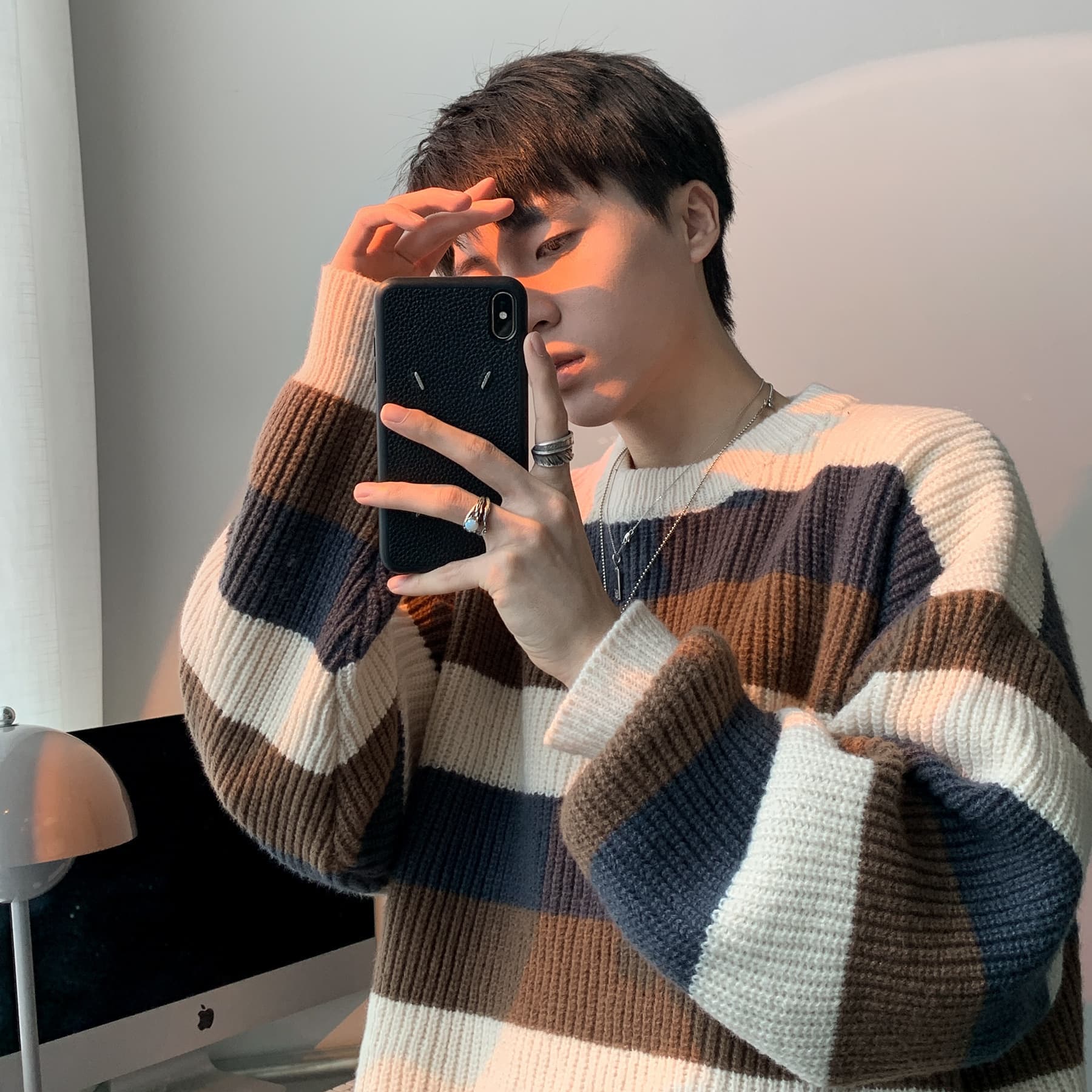 Sweater Men's Autumn and Winter Contrast Color Striped Round Neck Sweater Retro Hong Kong Style Korean Style Loose Lazy Style Sweater