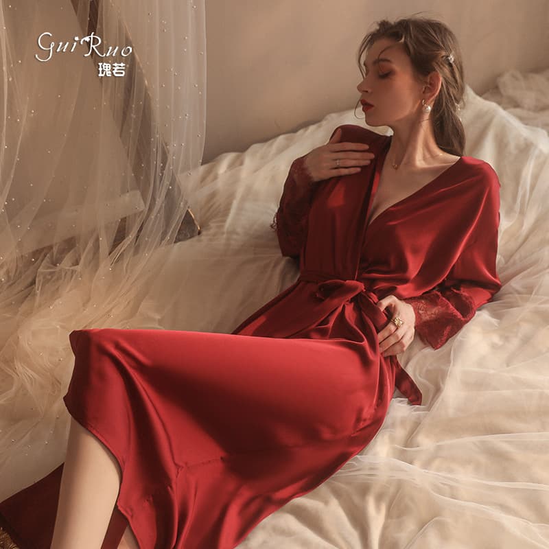Rose-like sexy nightgown, thin satin V-neck long lace outer robe, women's loungewear set, 19960