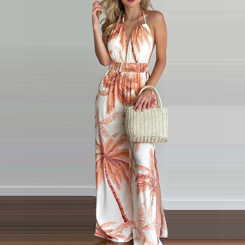 European and American Style Aliexpress V-Neck Halter Tie Sexy Backless Leaf Print Slit Jumpsuit for Women Jumpsuits