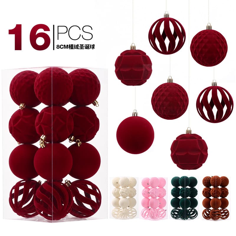 Cross-border New Arrival Christmas Decoration 8cm/16pcs Luxury Flocked Christmas Ball Set Christmas Tree Ornaments