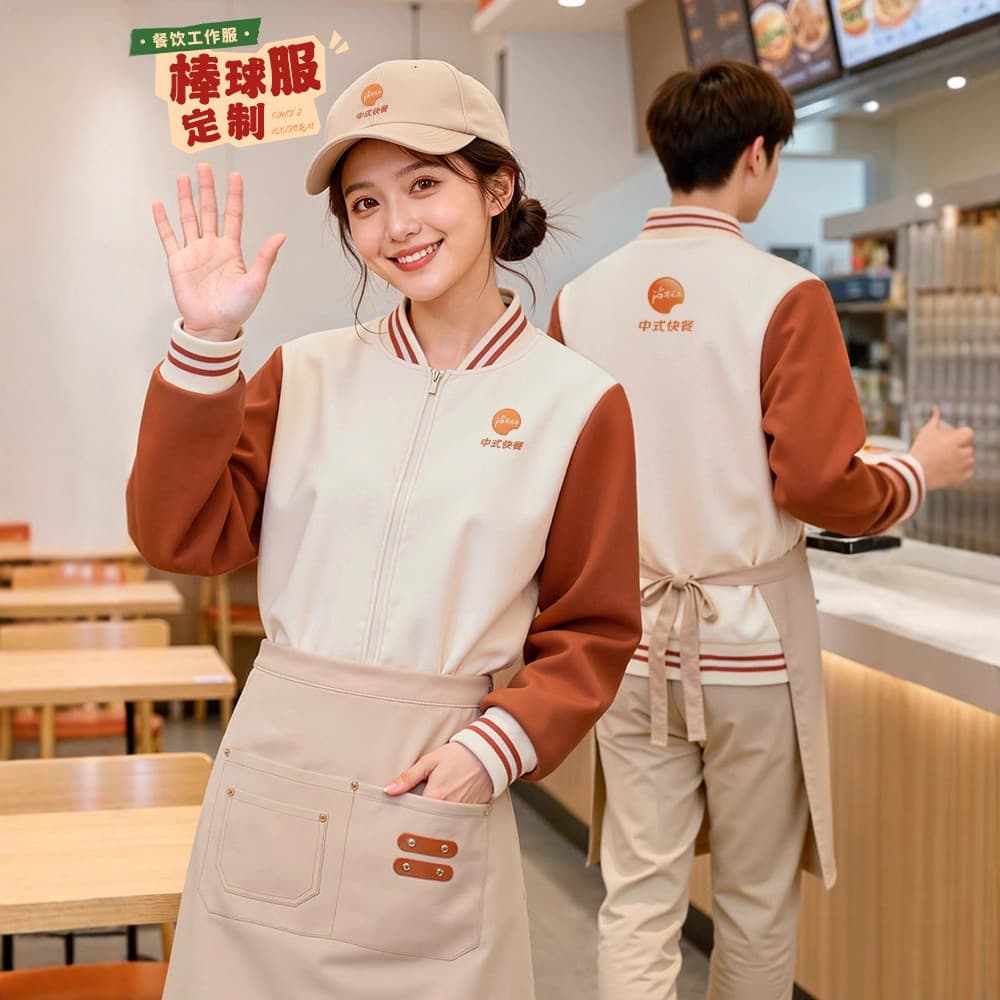 Fast food restaurant catering waiter workwear baseball jacket men's custom sweatshirt printed logo winter fleece-lined thickened