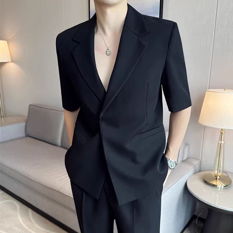 Summer Thin Double-Breasted Three-Quarter Sleeve Suit Loose Hairstylist Short-Sleeved Suit Men's Casual Trend