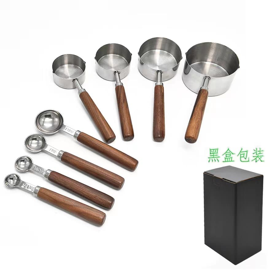 Coffee bean measuring spoon 4/8 piece set rose gold plated walnut stainless steel measuring spoon measuring cup scale measuring spoon