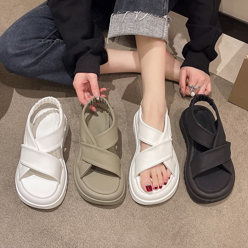 Thick Bottom Elastic Band Sandals Women's Summer New Style Korean Version Cross Strap Toe Exposing Fairy Style Sandals