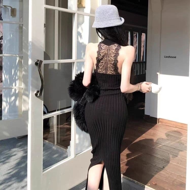 Autumn and winter knitted French pure lust style sexy hip-covering skirt women's slit long skirt new halterneck dress 2026 sexy