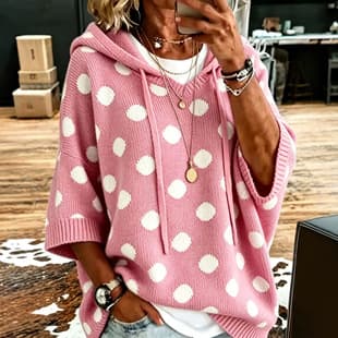 2026 Cross-Border New Elegant Loose Casual Style Hot Selling Polka Dot Hooded Women's Wool Sweater Top Women's Clothing European and American