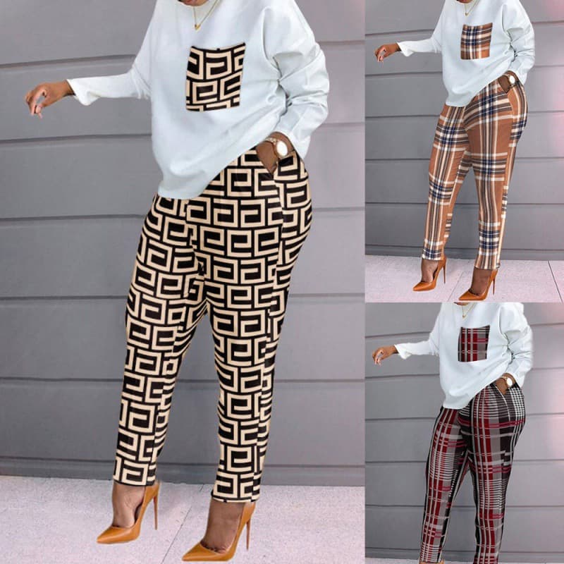Cross-border Women's Spring New Arrival Amazon European and American Fashion Printed Long Sleeve Plus Size Loose Women's Casual Suit