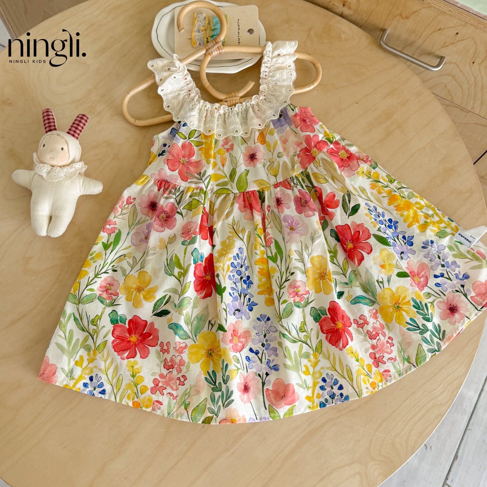 Ningli girls summer floral dress new children's lace pastoral style cotton skirt little girl princess dress