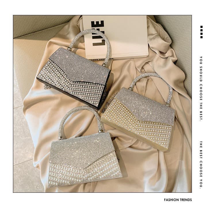 2025 Summer New Fashion Women's Pearl Evening Bag European and American Rhinestone Pearl Evening Bag Handbag Crossbody Bag