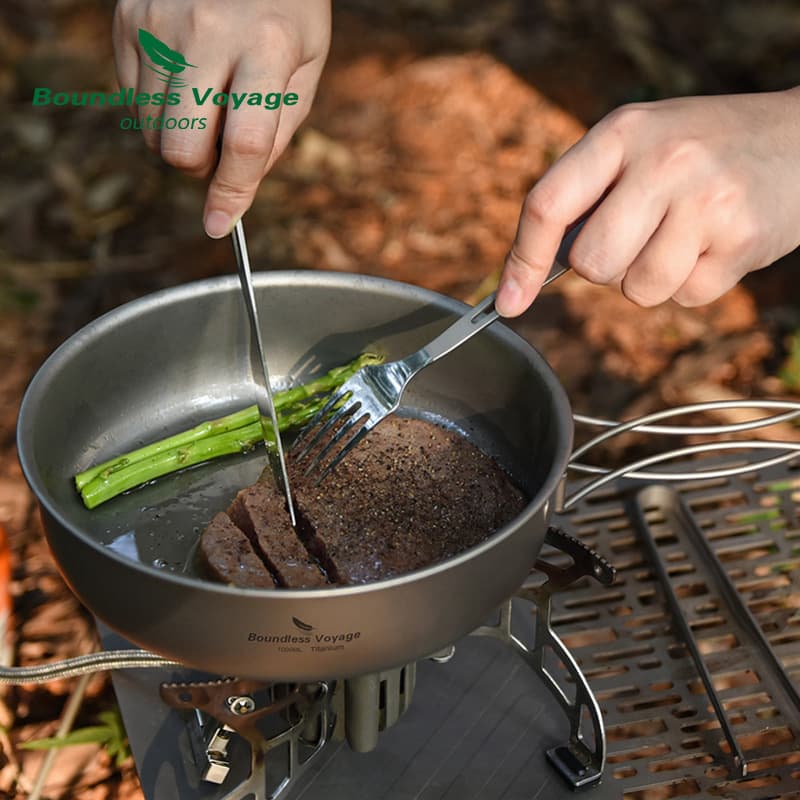 Biwei Pure Titanium Wok Frying Pan Titanium Pan Portable Skillet with Lid Outdoor Camping Cookware 1L