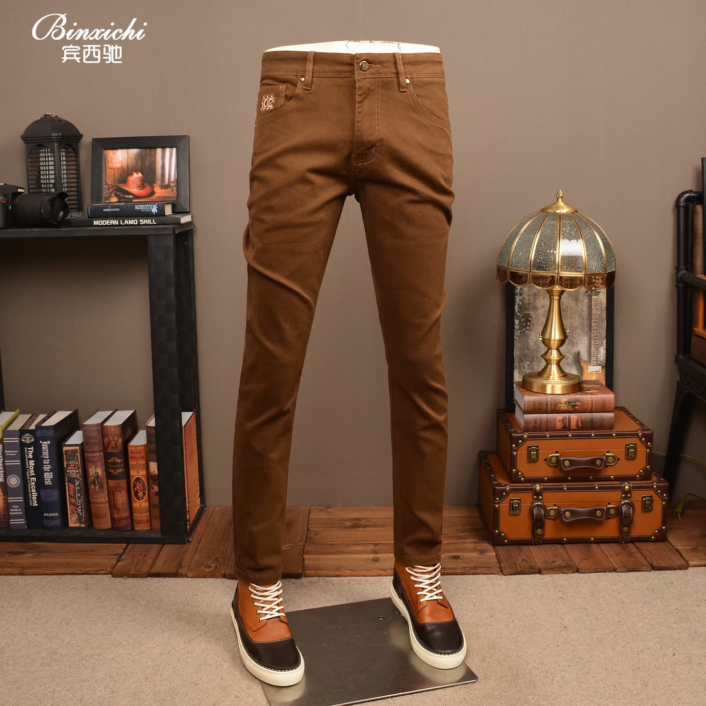 Autumn and Winter Caramel Casual Jeans for Men, Trendy High-End Stretch Slim Straight-Leg Washed Thick Men's Pants