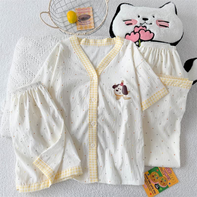 Three-Piece Women's Pajama Set, Summer Cardigan Short Sleeve Cartoon Cute, New Plus Size Spring Autumn Casual Loungewear Set