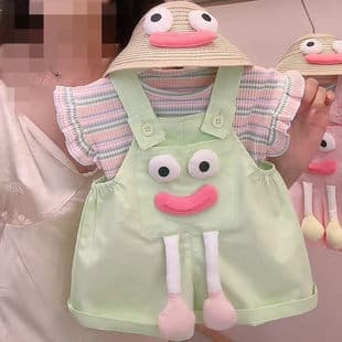 Girls Summer Overalls New Style Toddler Short Sleeve Two-Piece Set Fashionable Cartoon Outfit Baby Clothes