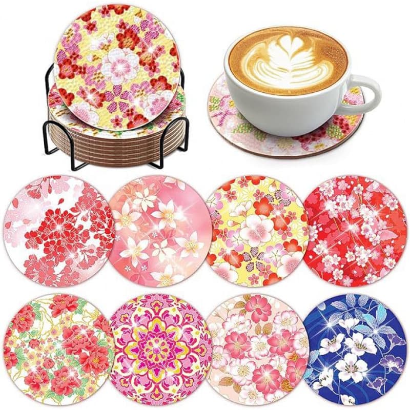 5D8 Pieces Sakura Diamond Painting Coaster Kit with Stand DIY Diamond Art Coaster Anti-Slip Cup for Adults