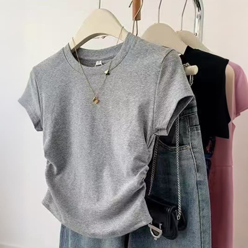 Summer 2026 Women's Fitted Shoulder T-Shirt, Waist-Cinching Ruffled Short Sleeve, Sweet & Chic Slim Fit, Round Neck, Petite-Friendly