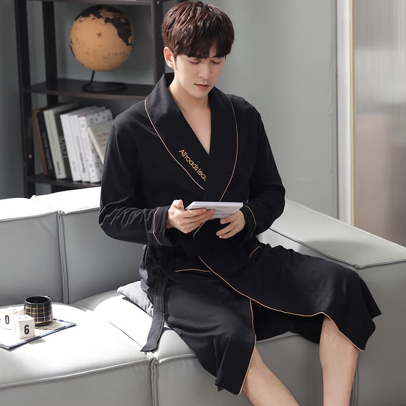 Men's Pajamas Spring and Autumn Pure Cotton Long-Sleeved Bathrobes Men's Pajamas Autumn Long Bathrobes Thin Large Size Home Dressing Gowns
