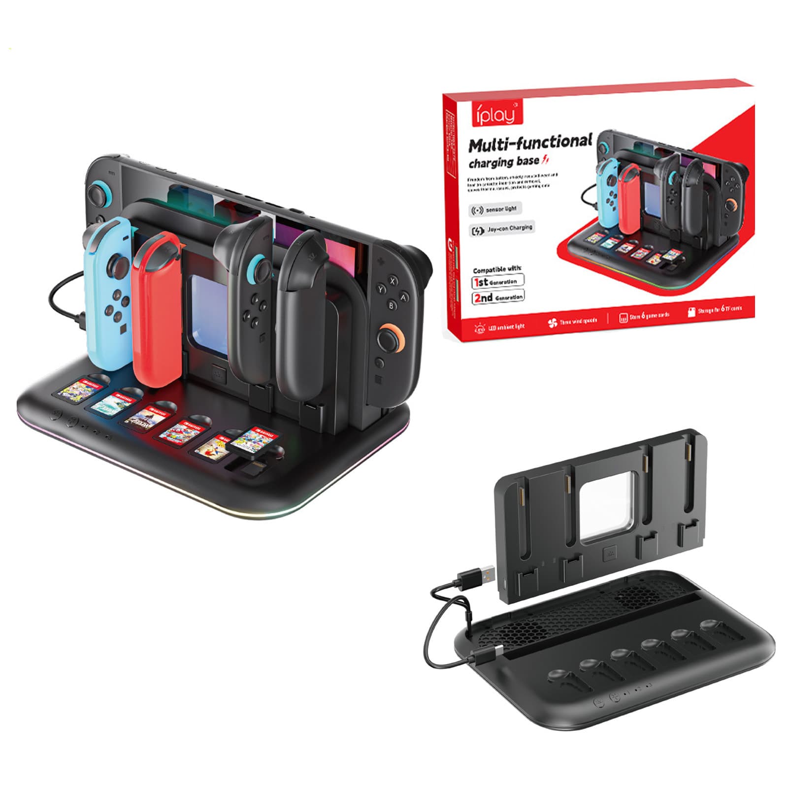 Universal RGB Lighted Docking Station for Switch2 Console, Cooling NS/OLED Controller Charger with Game Card Storage