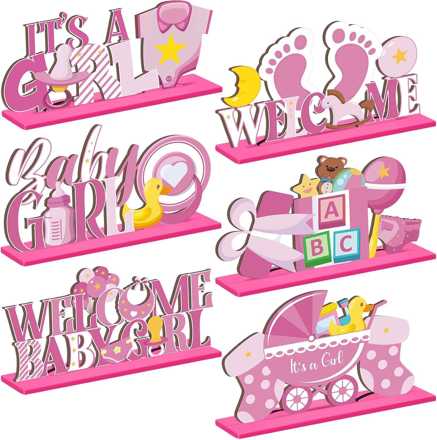 6 Pieces Pink Baby Shower Wooden Table Decor Baby Shower Decorations Newborn Birthday Props