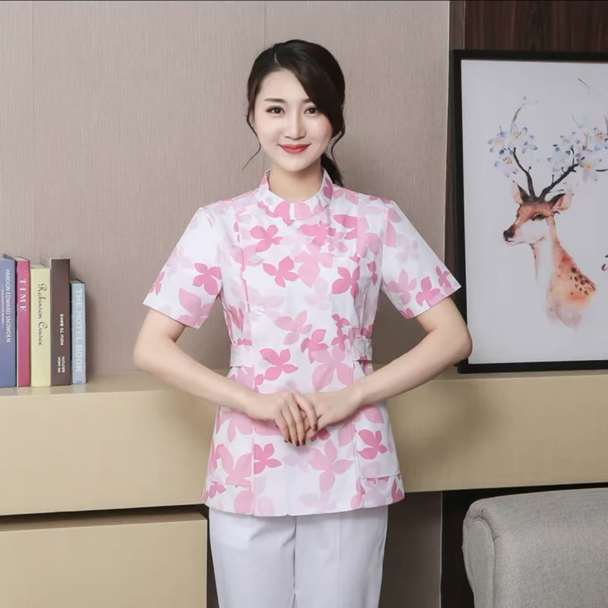 Small Floral Nurse Uniform Two-Piece Set, Beauty Salon, Dental, Maternal and Infant Care, Housekeeping, Maternity Matron, Side-Front Stand Collar Workwear