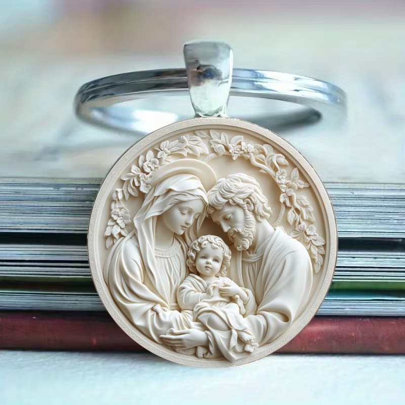 Cross-Border New Product Exquisite White Embossed Pattern Glass Pendant Keychain 2D Flat Design Factory Direct