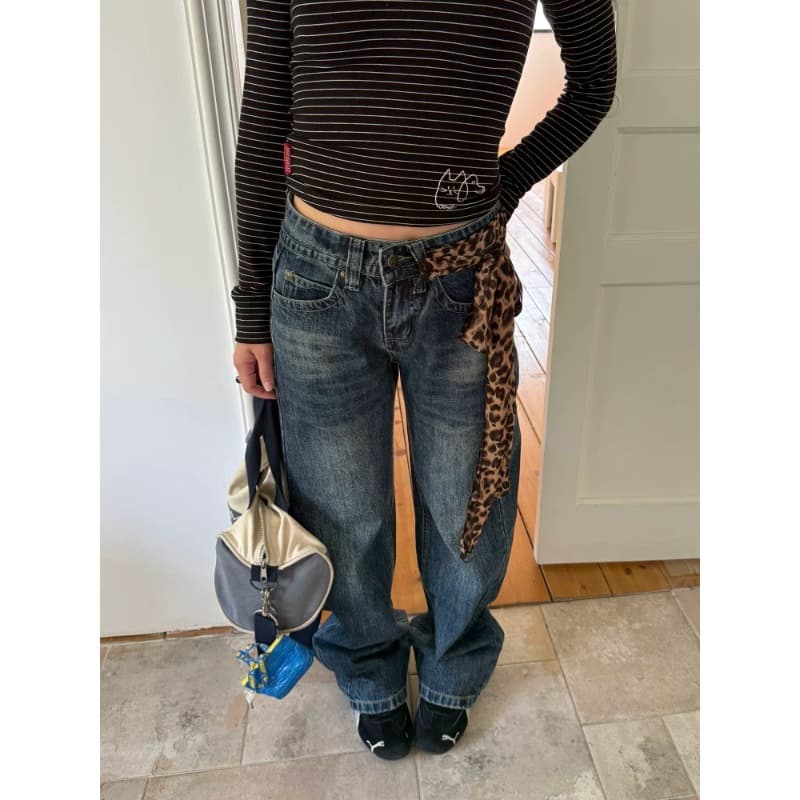 American Washed Low-Rise Straight-Leg Jeans for Women, New Retro Y2K Design, Relaxed Fit Heavy-Duty Casual Long Pants