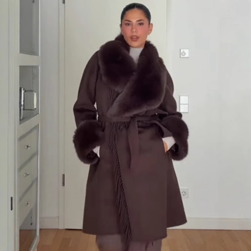 Fashionable Socialite Style Solid Color Fur Collar Stitching Wool Belt Coat Jacket 2025 Autumn Winter New European American Style
