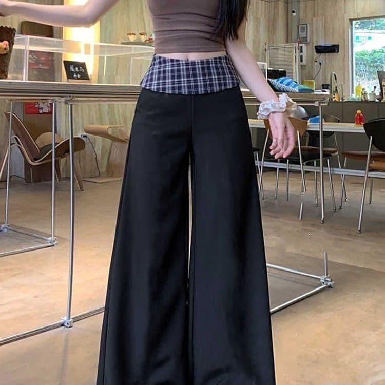 Patchwork Plaid Pants Casual Lazy Casual Pants Plaid Summer Design High-Waist New Spring Loose Floor-Length