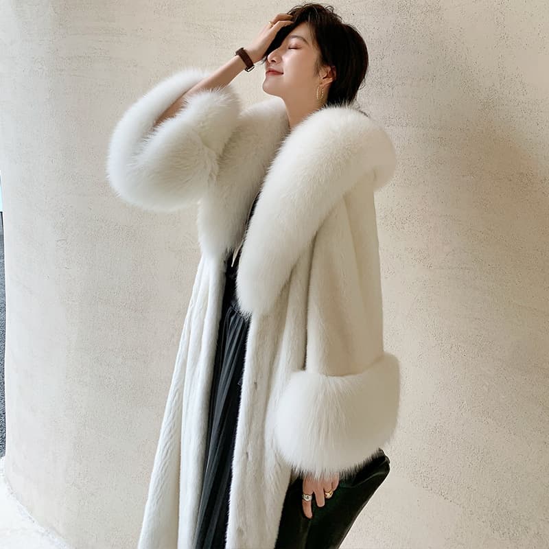 Haining Mink Fur Coat for Women Stylish Mink Fur Long Coat with Fox Fur Collar Plus Size