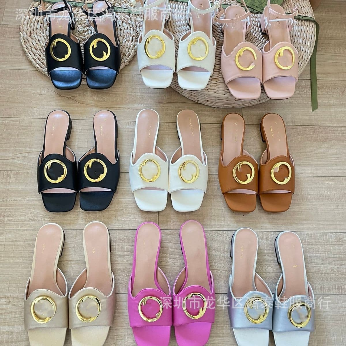 High-end G-brand square-toe slippers for women, 2024 summer outdoor wear, one-strap metal buckle casual flat sandals